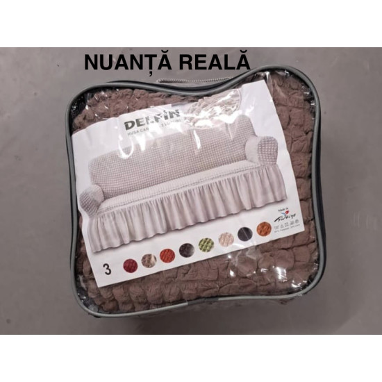 Husa pentru canapea 3 locuri - Creponata cu Volane - Maro Deschis Husa pentru canapea 3 locuri - Creponata cu Volane - Maro Deschis